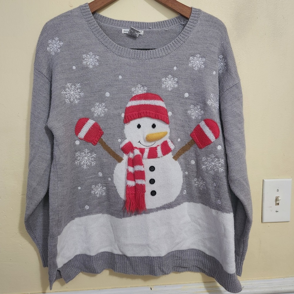 Snowman Sweater‎ Gray Crew Neck 3D By Reference Point Holiday Women's Size 1X